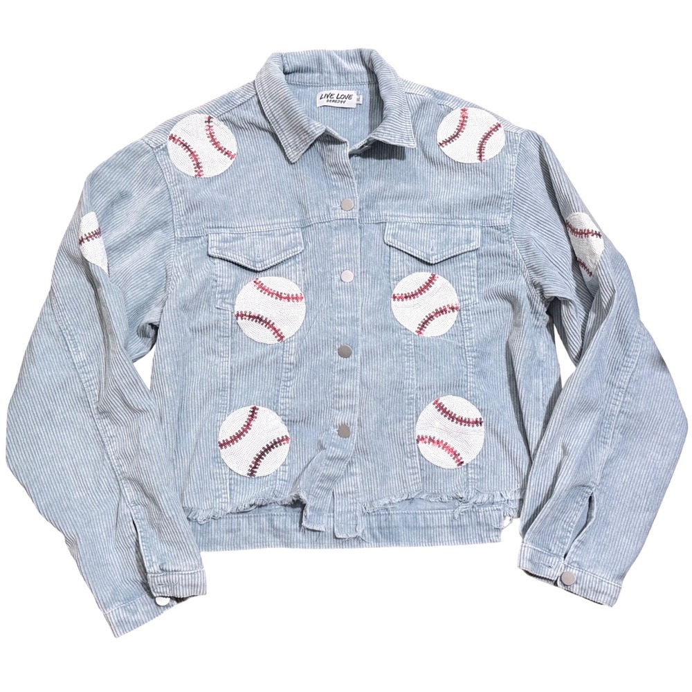 Live Love Gameday Womens XL Blue Corduroy Baseball Sequin Patch Raw Hem Jacket